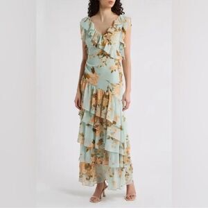 Chelsea28 Cap Sleeve Floral Ruffle Tiered Blue Romantic Bloom Dress New!